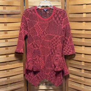 Lily by Firmiana Red 3/4 Sleeve Asymmetrical Tunic Blouse Shirt Women M Polyeste